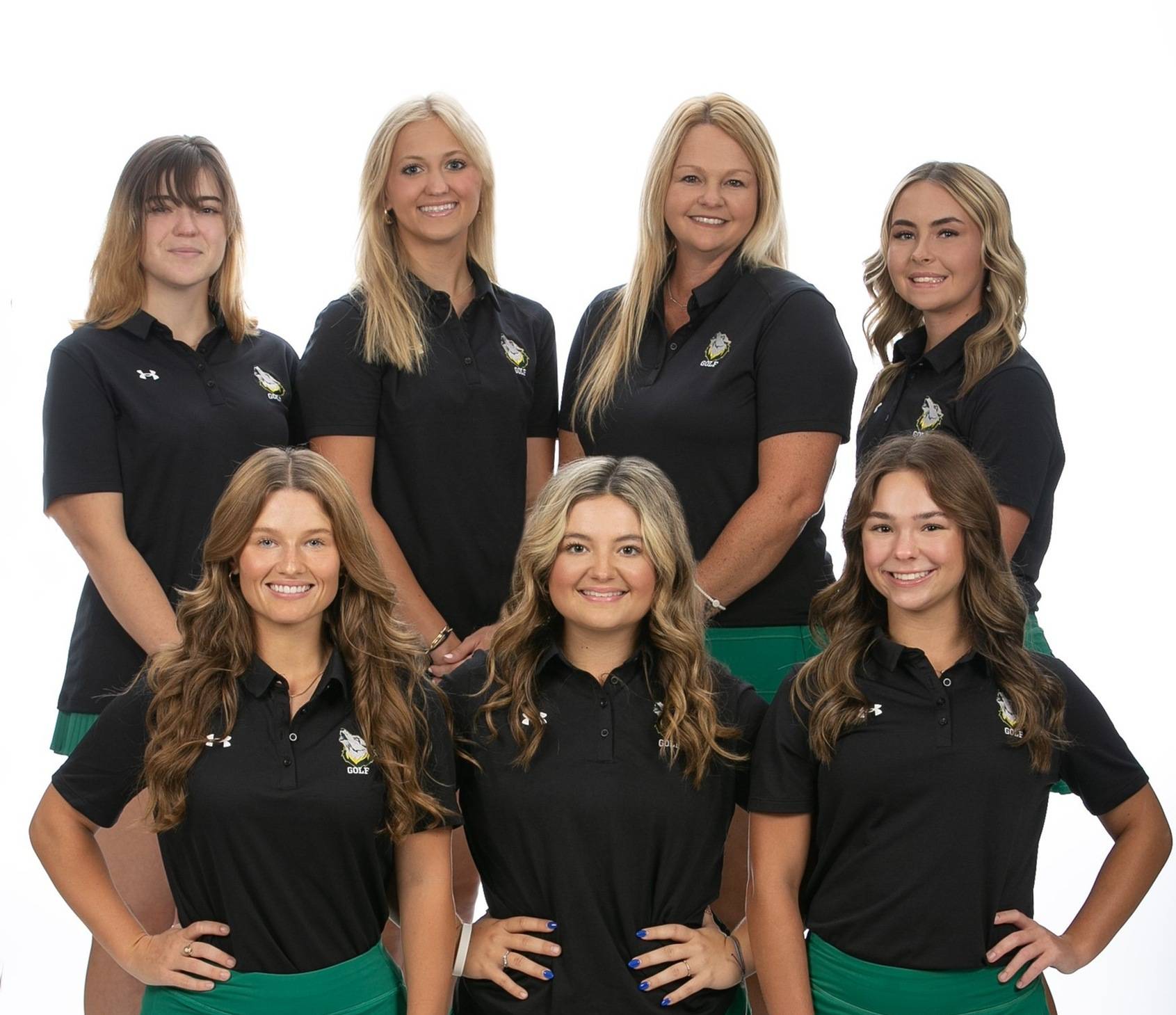 Posed photo of women's golf team and coach
