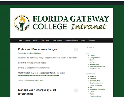 Screenshot of College Intranet homepage