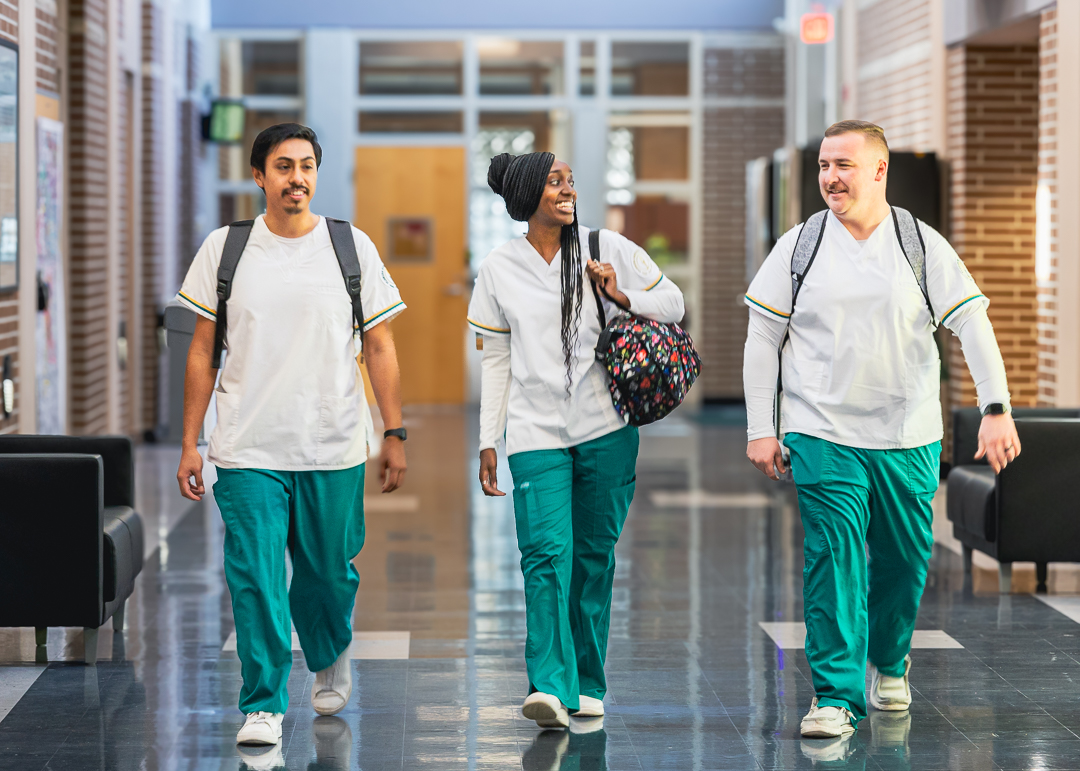 Nursing students walking in hallway