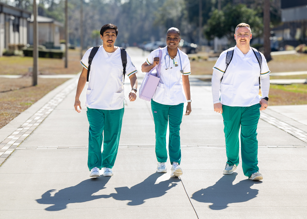 Nursing students walking on campus