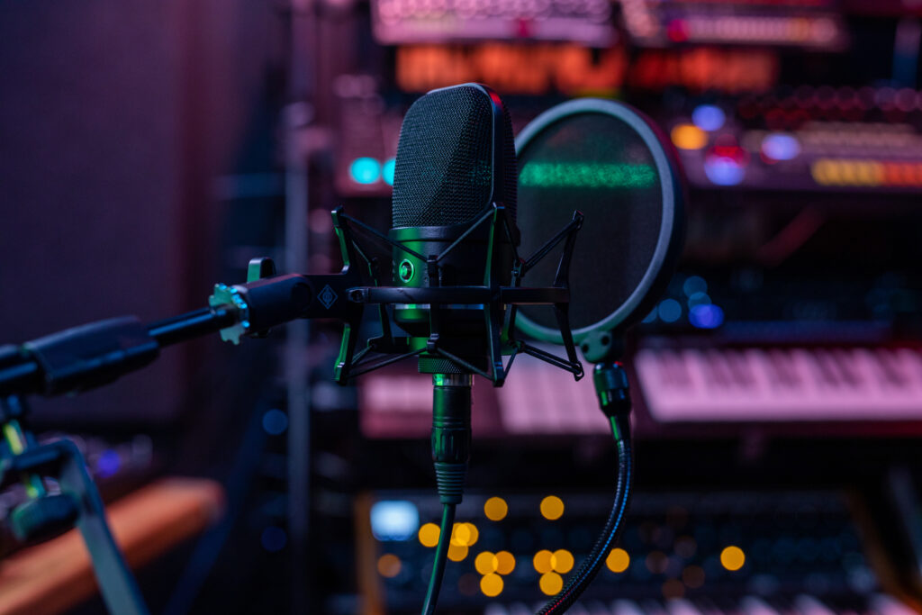 Close-up of microphonoe in an recording studio.