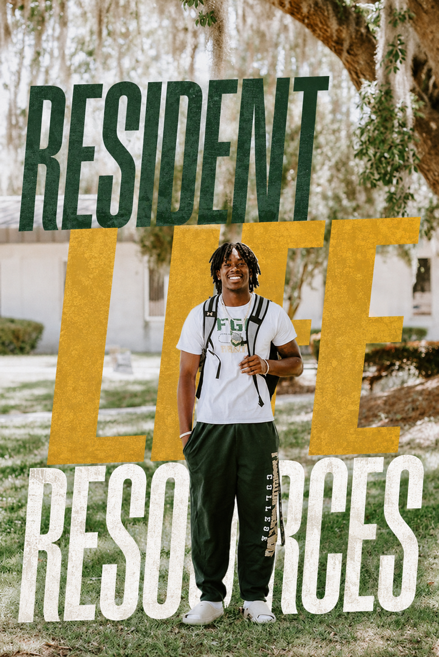 Resident Assistant student graphic smiling in front of dorms