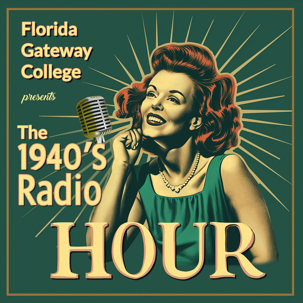 Graphic of 1940s-style woman at a microphone