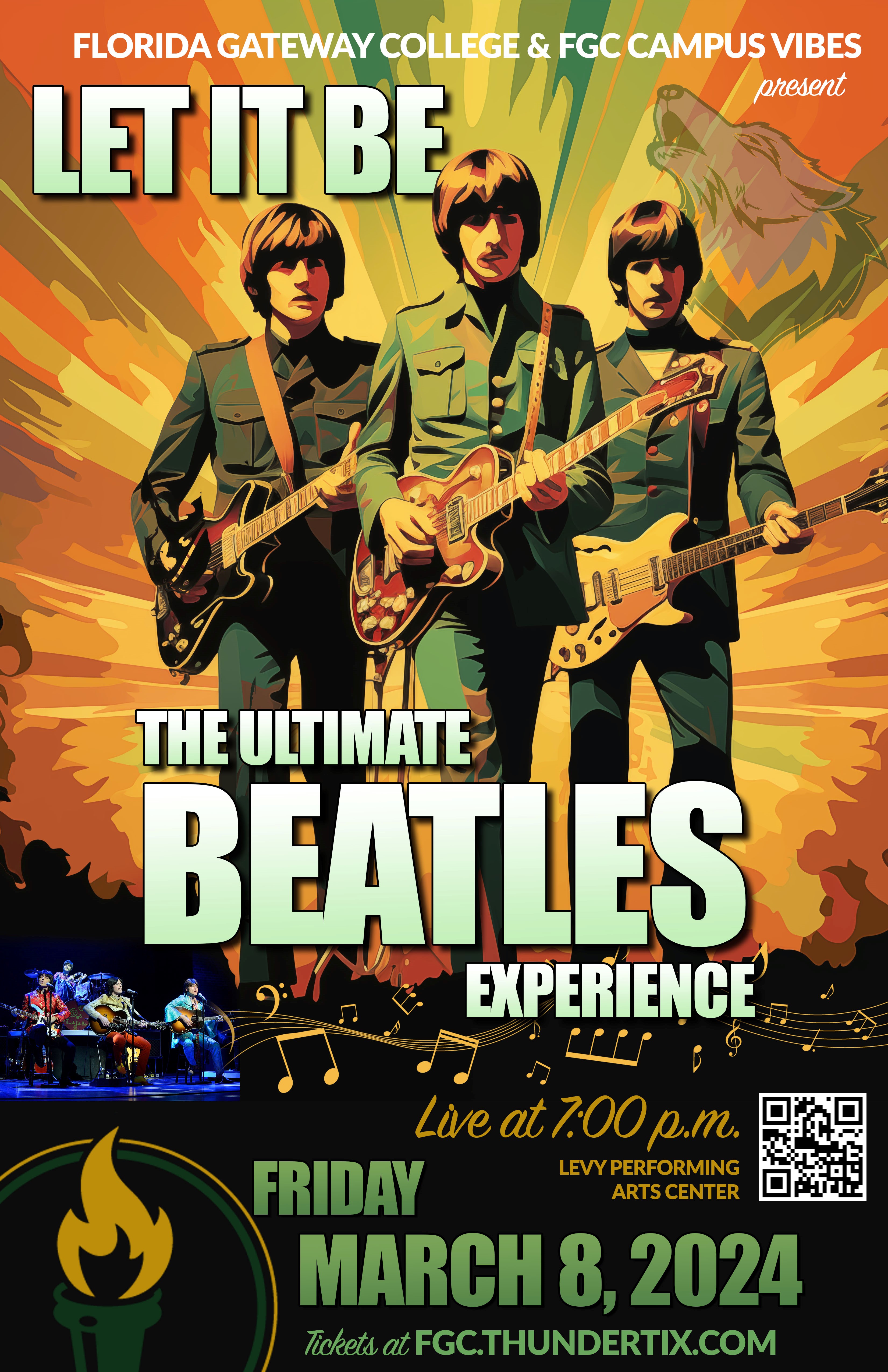 stylized poster with beatles band members holding guitars and information about concert
