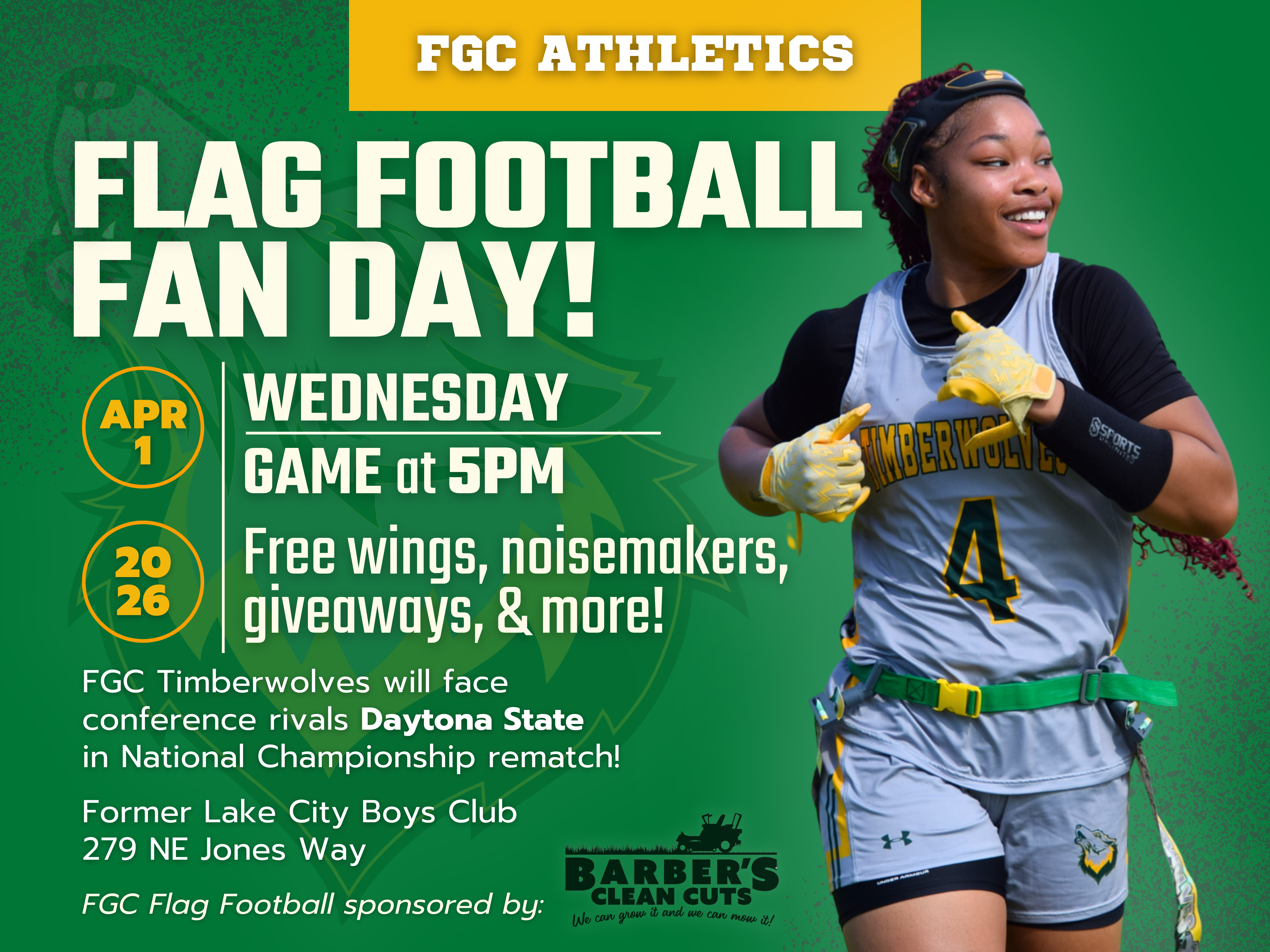 Poster for Florida Gateway College Flag Football Fan Day on April 1 at 5 p.m. featuring free wings, giveaways, and a game against Daytona State at the former Lake City Boys Club.