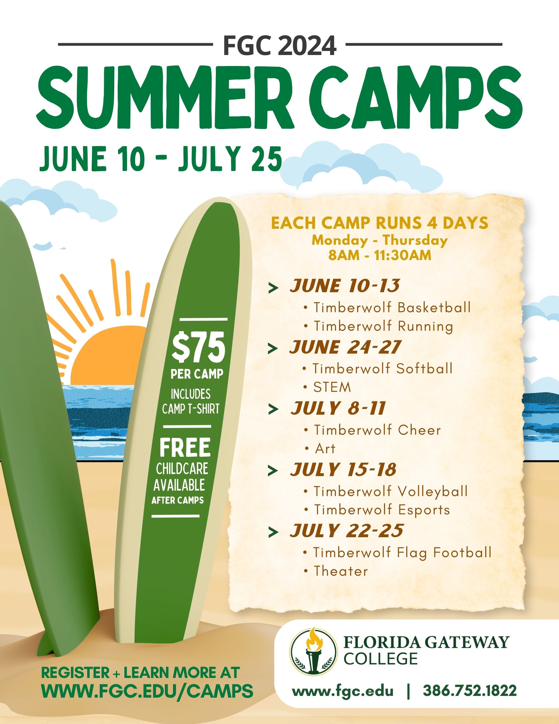 flyer featuring camps information. Design includes surf boards on beach.