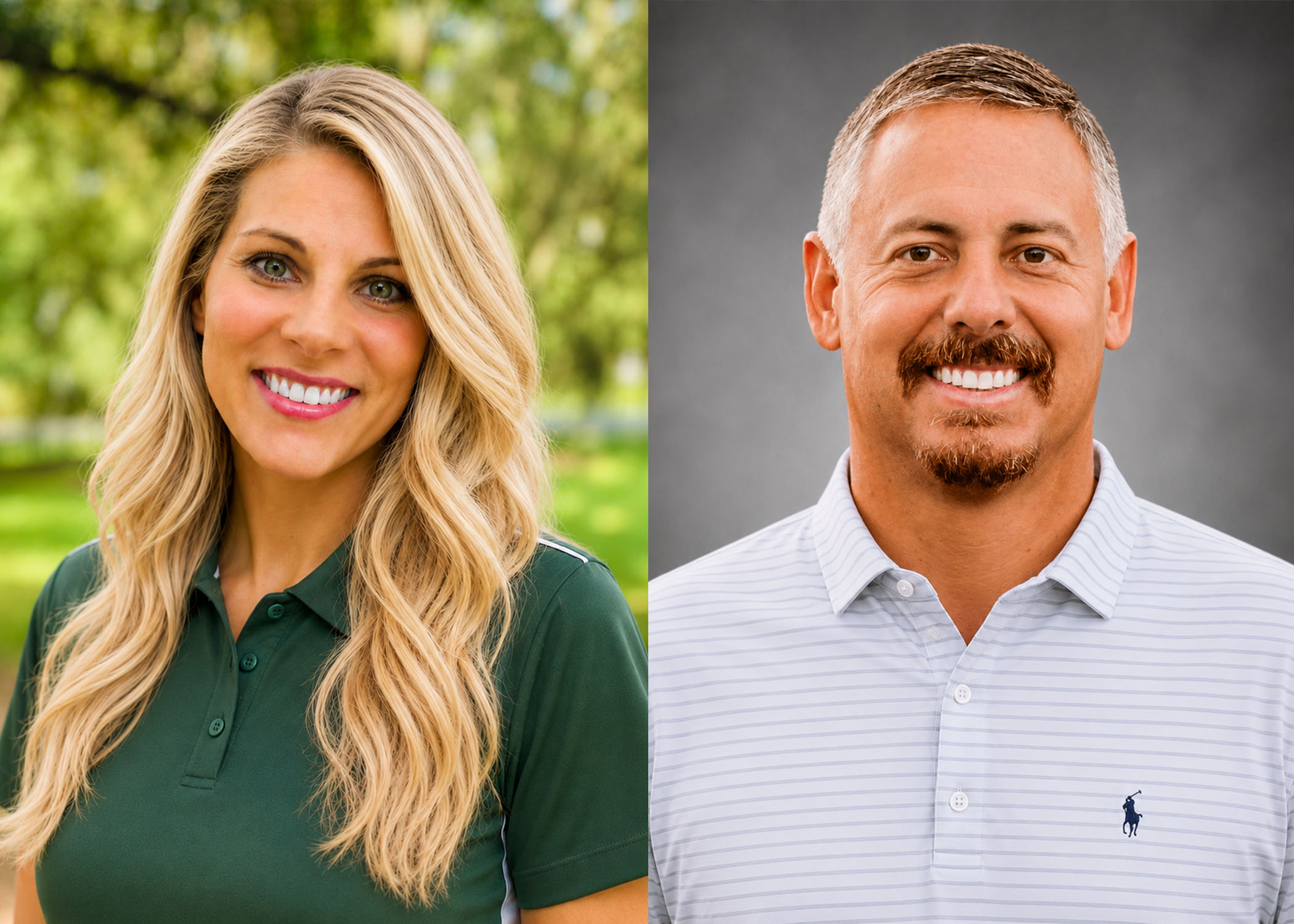 Side-by-side headshots of two people smiling at the camera, one photographed outdoors and the other against a gray studio background.